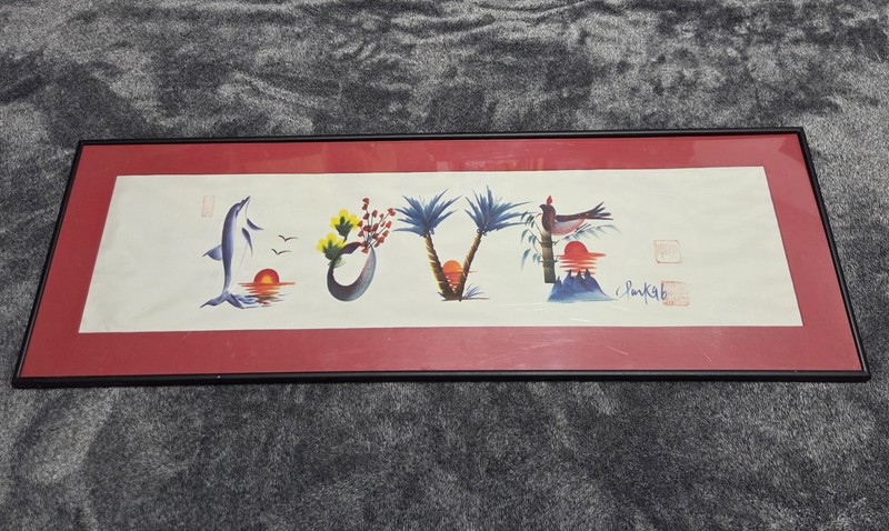 Calligraphy Watercolor Asian Japanese Framed Art Painting ‘Love’ Signed 12×36″