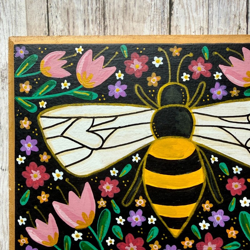 Black Spring Bee Original Hand Painted Wood Plaque Wall Art 5.5x7.5 inches gallery