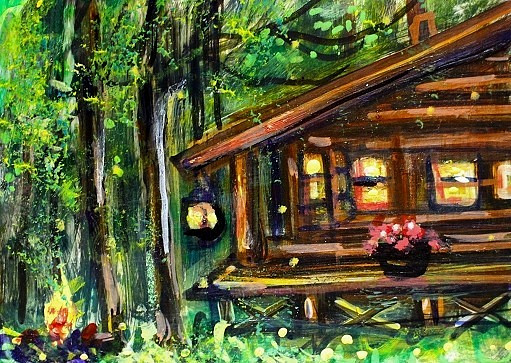 ACEO Original PAINTING Summer CABIN Camping Fire Night TREES Landscape ATC ART