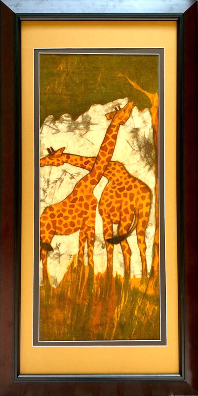Large Framed Matted African Batik Two Giraffes Eating Tree Leaves 41″T X 21″ W