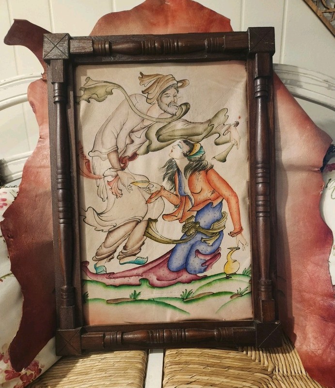 Persian-style miniature painting on leather in a carved wood frame 17.5 X 24 3/4