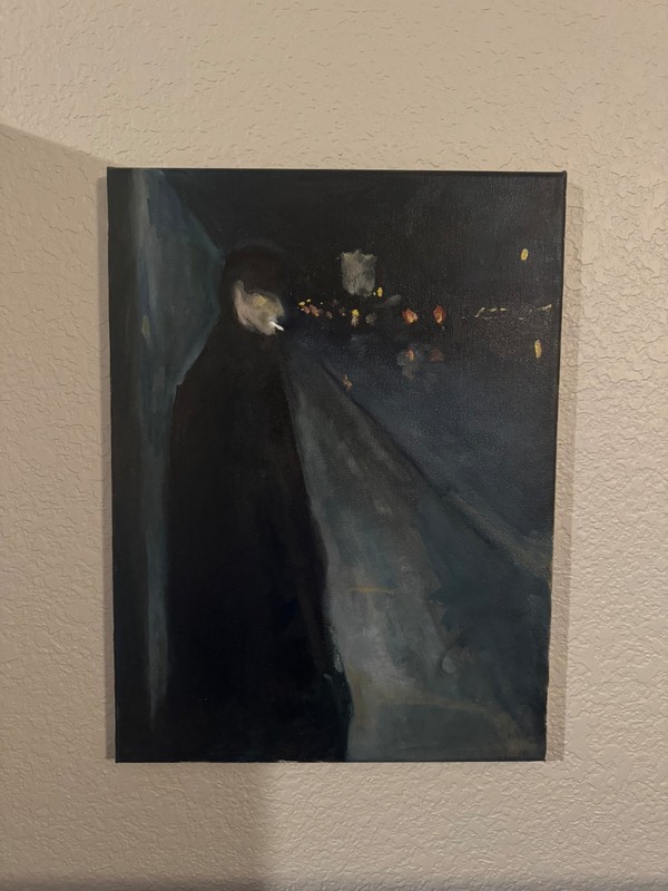 Expressionist Stretched Canvas Painting Original Urban Night Scene Smoking 11×14