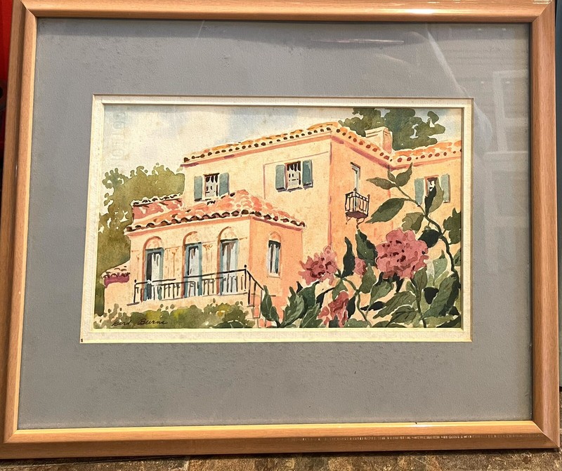 Bird Burns Watercolor paint art house flowers size 15”x12” w frame Has Foxing