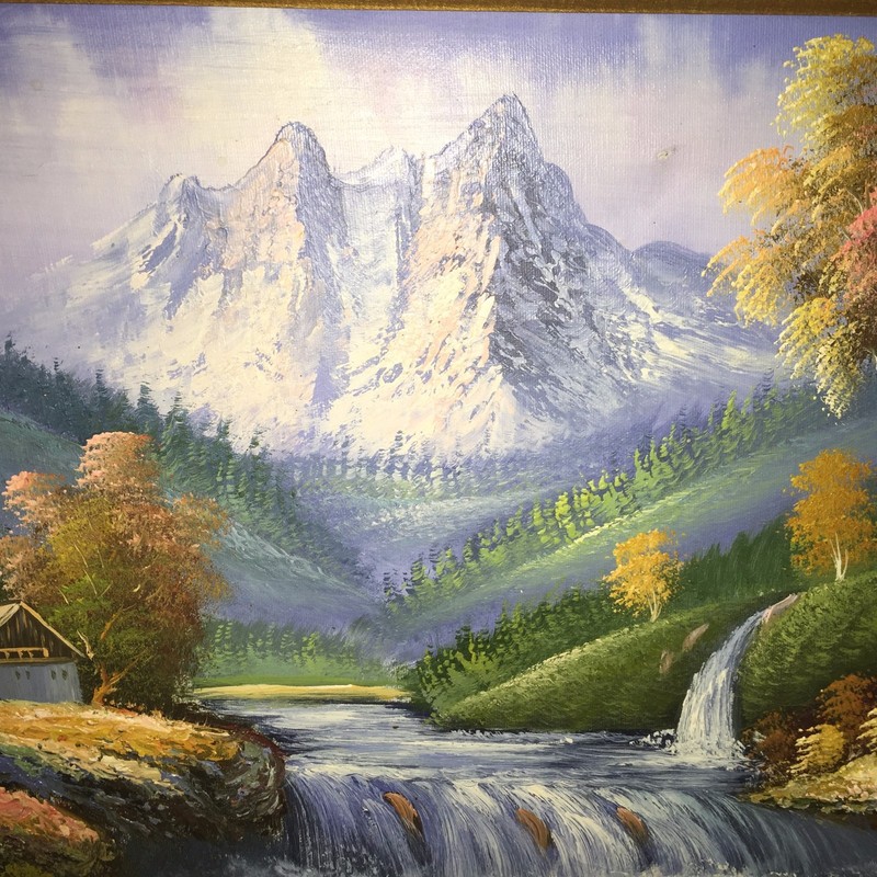 Oil on Canvas Signed Painting Landscape Mountains Waterfalls