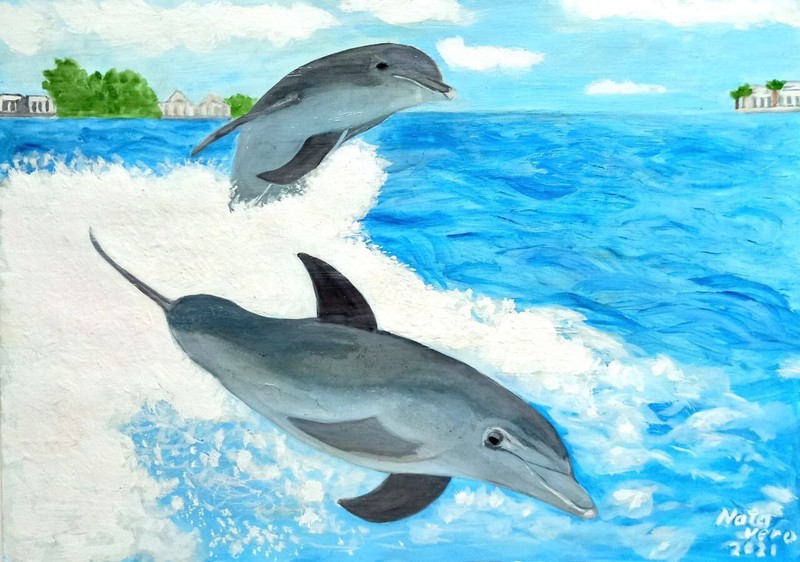 Dolphins Underwater World Original painting California Handmade 21×29 cm