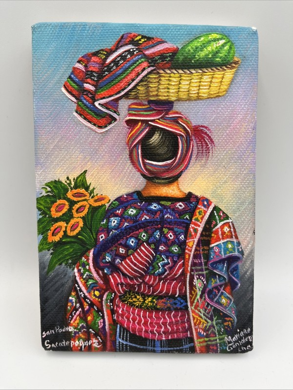Guatemala Artist Signed Mariano Gonzalez Chavajay Artwork Woman In Market 6”x4”