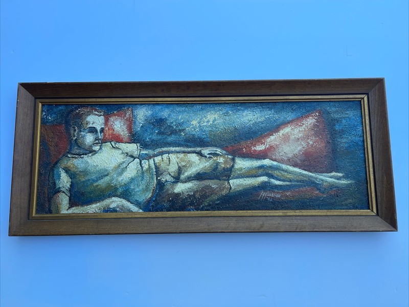 MID CENTURY PORTRAIT PAINTING ON HONOLULU BOARD MODERNISM MALE RECLINED FIGURE