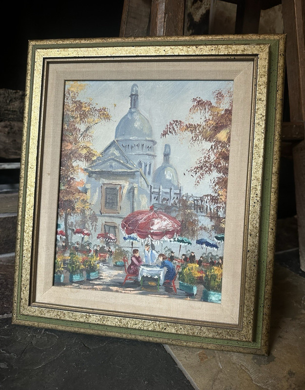 Vintage Matted & Framed Impressionist Canvas Paris Cafe Painting 12.5 x 14.5