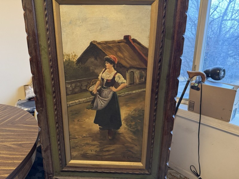 M. Colvin Woman In Market Signed Italian Oil Painting One Of A Kind Rare 1900s gallery