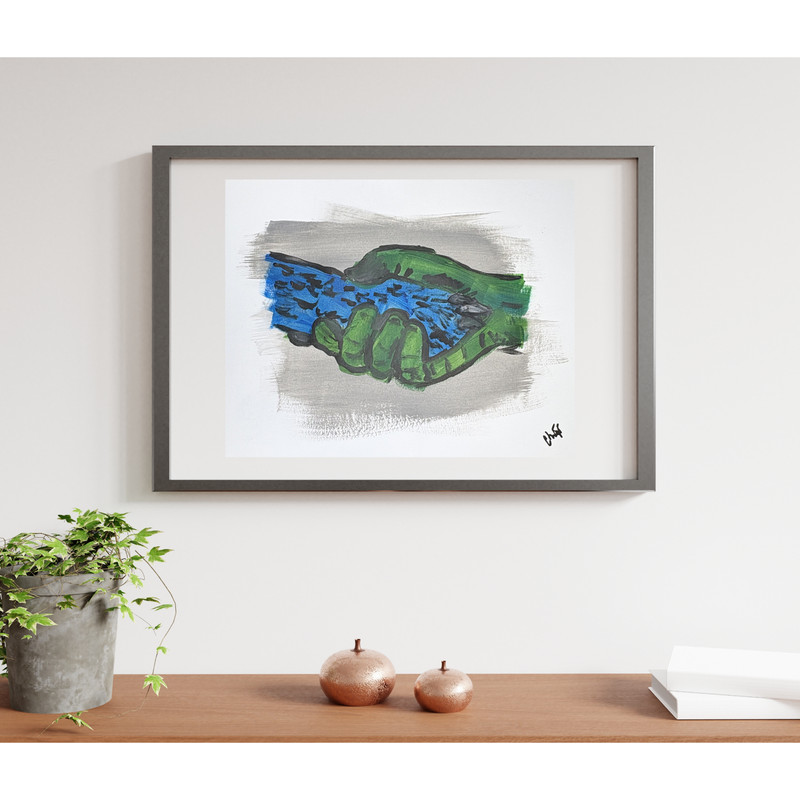 Dog Hand Shake, Contemporary Expressionist 11×14 Blue, Green & Grey Paper