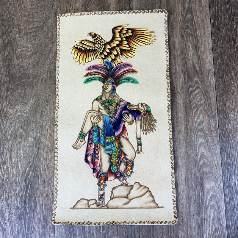 Vintage Amor Eterno Mayan México Hand Painted Handmade Leather Artwork Native