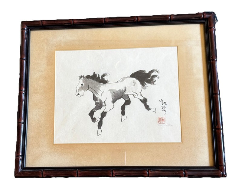 Original Carol Collins Ink Was Painting Frames 22x18in Behind Glass Equine Horse