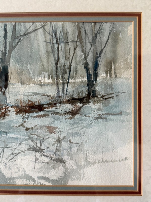 Vintage Impressionist Russian Winter Snowscape Landscape Watercolor Painting MC gallery