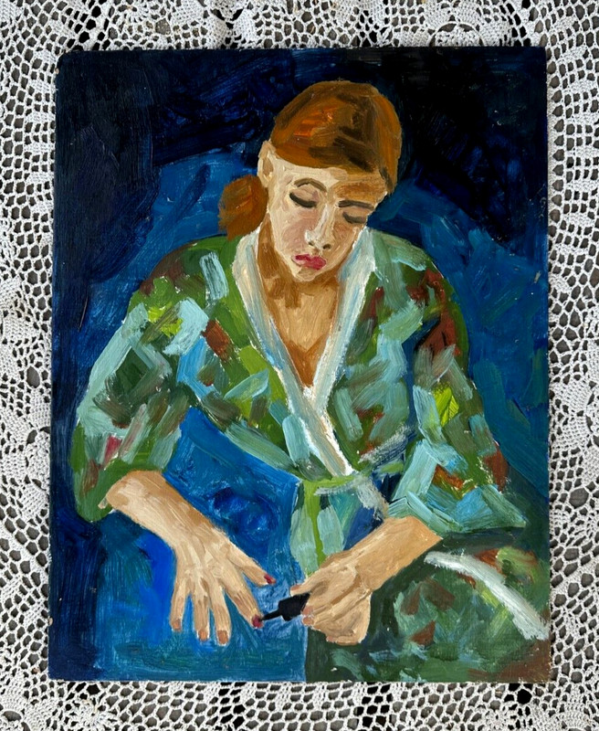 Handmade oil painting young woman Ukrainian vintage 1960s Length 20inch Width16