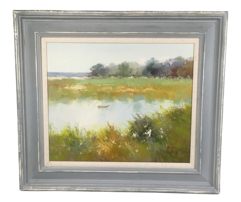 Oil Painting Stretch Canvas 32 13/16”W x 28 13/16”H Landscape Boat Grass-Angela
