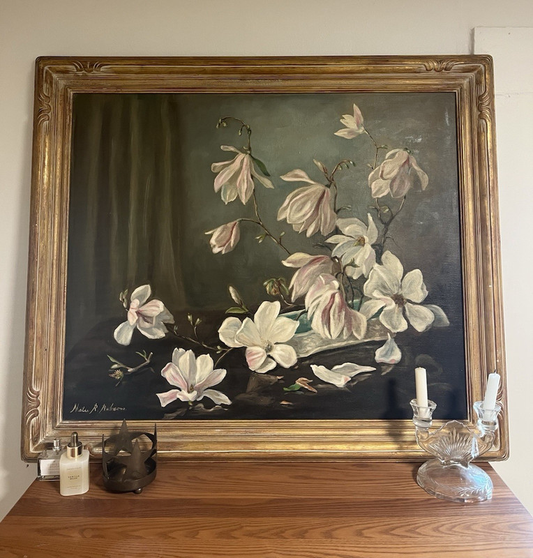 Matie R. Robson Framed Large Canvas Magnolia Still Life Painting
