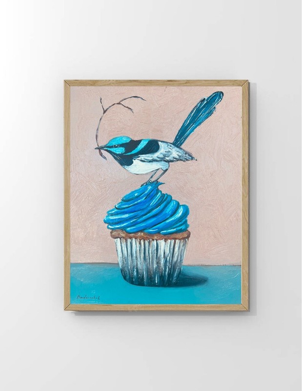 Cupcake Art Bird Painting Dessert Art Bird Kitchen Wall Art Food painting