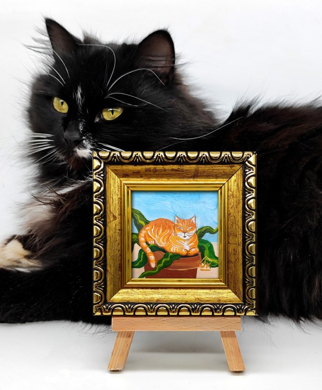 Orange Cat in Flower Pot Mini Oil Painting Original Cat Art Cat Lover Gift gallery