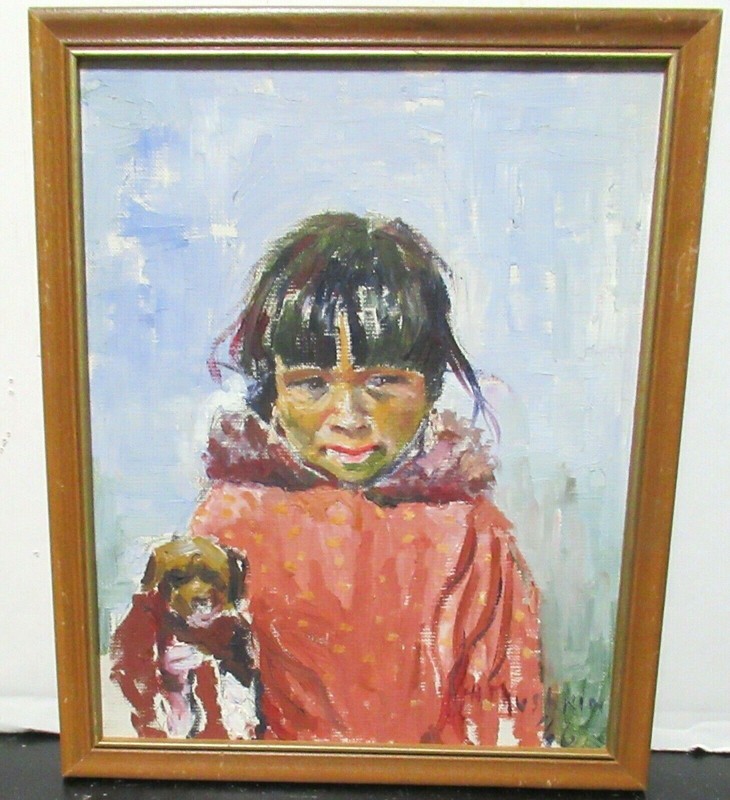 A.MUSHKIN ALASKAN GIRL WITH DOG ORIGINAL OIL ON BOARD PAINTING DATED 1966