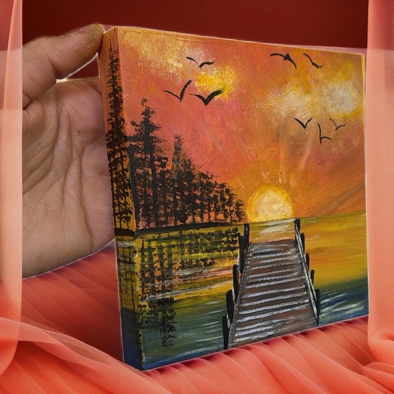 Sunset Reflections –Original Mixed Media Painting On Wooden Panel