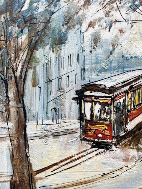 John Checkley Original Vintage Oil Painting Red Cable Car 10x8 FRAMED 13x11 gallery
