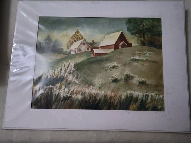 VINTAGE WATERCOLOR PAINTING/ LANDSCAPE Titled (Farm Daisies) /ARTIST ( Marge…