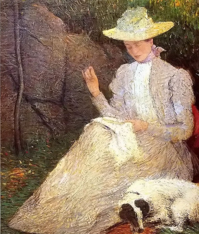 Ｏｉｌ　ｐａｉｎｔｉｎｇ julian alden weir – female figures young woman with pet dog canvas