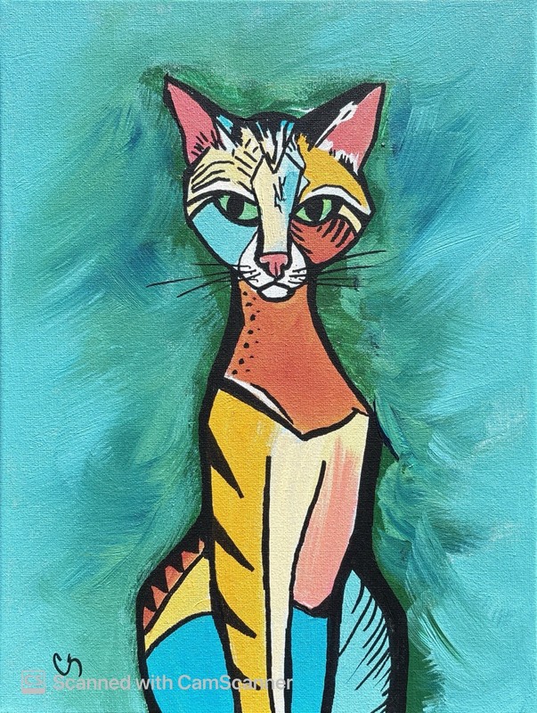 Stylized Colorful Calico Cat Original Acrylic Painting 11x14 Signed Canvas Art gallery