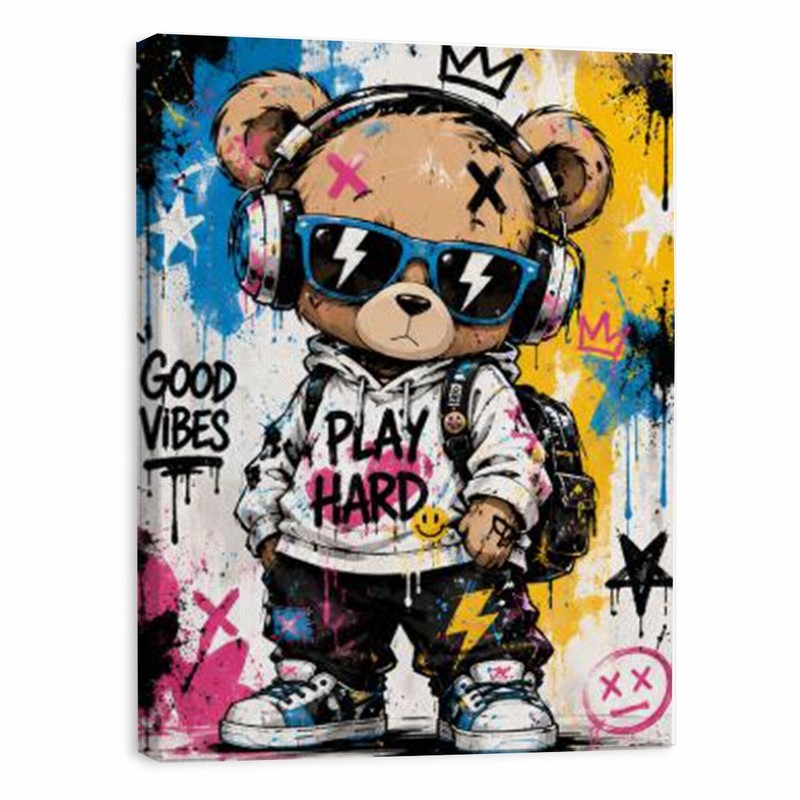 Graffiti Teddy Bear Canvas Wall Art Cool Bear Headphones Print Urban Pop Art Kid
