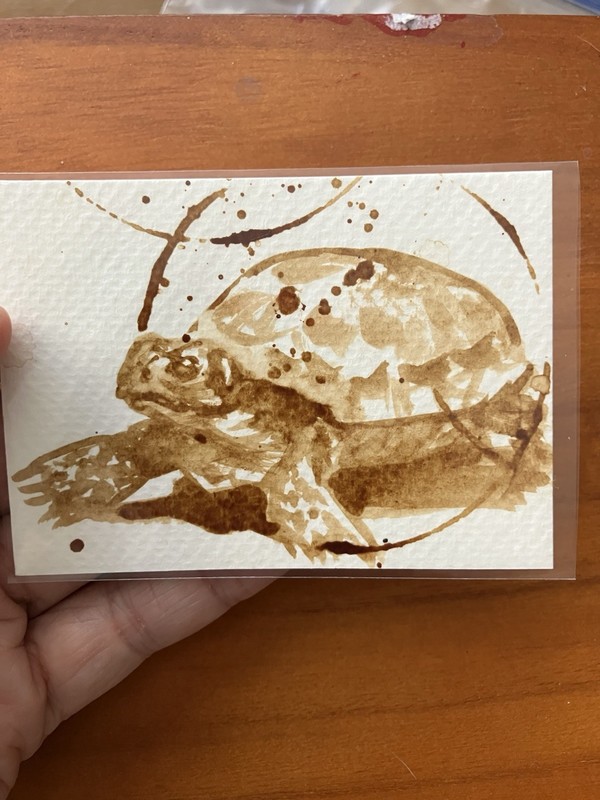 Original Coffee Turtle Painting ACEO ATC Art Gift Reptile Miniature Realism USA
