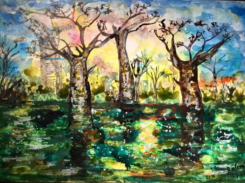 Abstract african landscape painting,baobas in the fields,colourful landscape