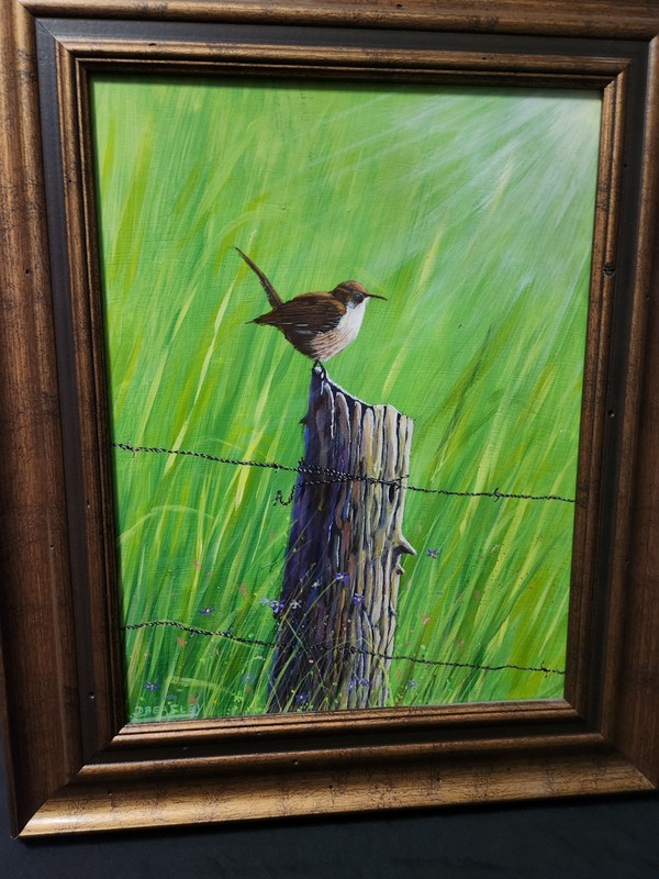 Signed Original Framed Acrylic Painting Cactus Wren On Rustic Fence Post Bird gallery