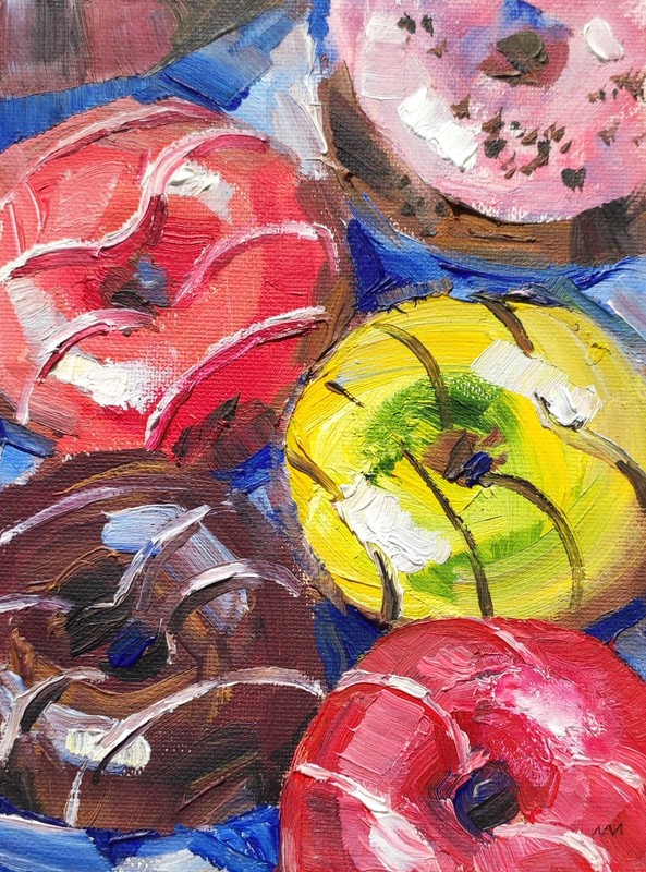 Original Oil Painting Donuts Dessert Art Colorful Sweet Food Painting Cozy Art