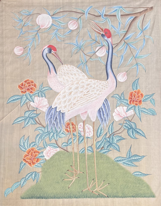 Large Vintage Chinese Style Silk Painting Red Crowned Crane Birds Peony Wall Art