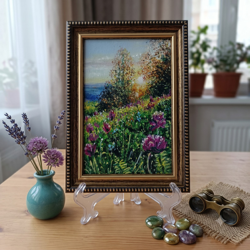 Clover Original Oil Painting 4x6 Framed Signed Purple Flower Meadow Garden Art gallery