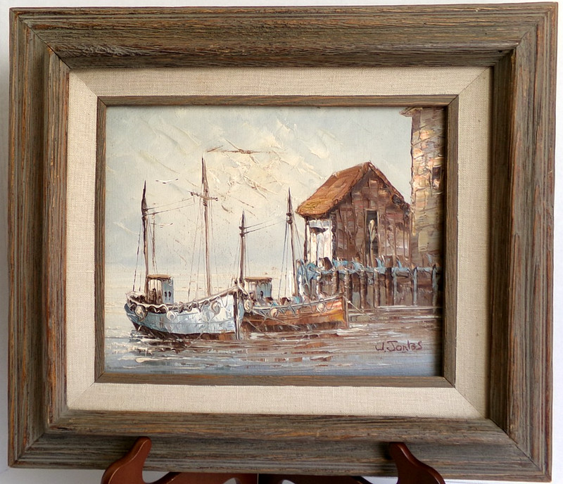 Vintage W. Jones Harbor Scene Fishing Boats Framed Oil Painting 15” X 13”