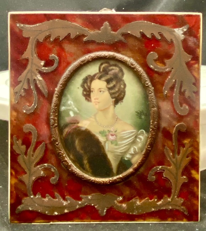 ANTIQUE FRENCH A. VELY MINIATURE VON KRUDENER PORTRAIT PAINTING, BRASS/NATURAL