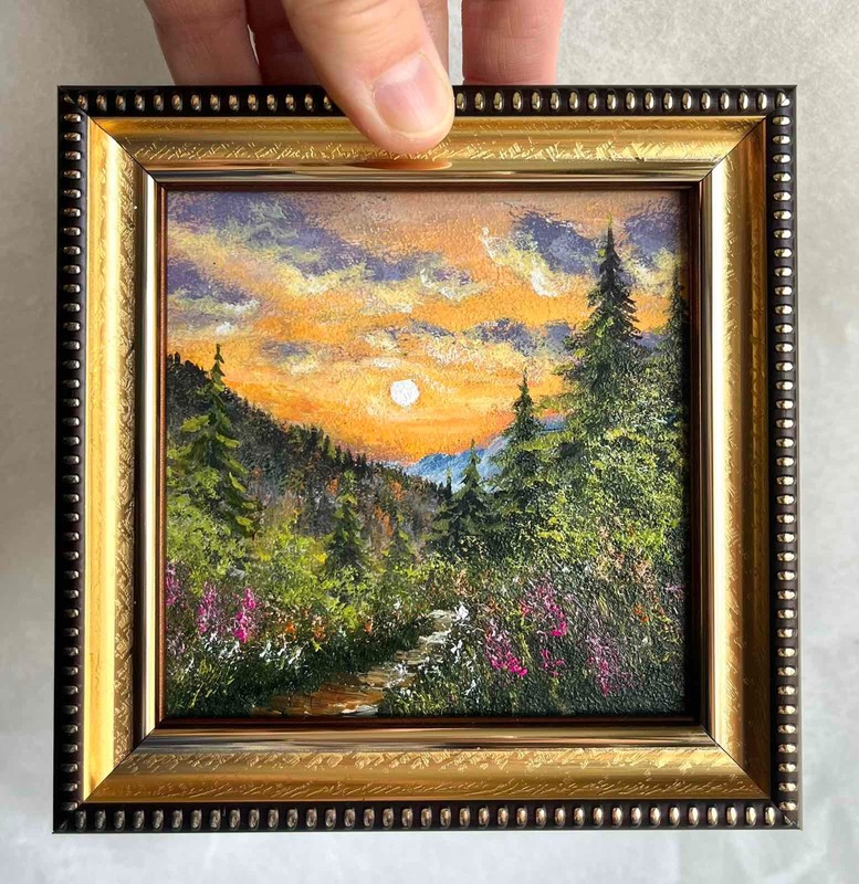 Summer Original Oil Painting Mountain Landscape Sunset Small Wall Art 4 x 4 in