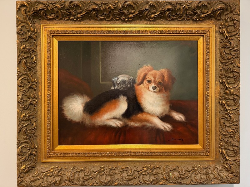SHIPLEY vintage dog Oil Painting w/ Gold Frame 19″ X 25″ Image 29″ x 34.5″ Frame