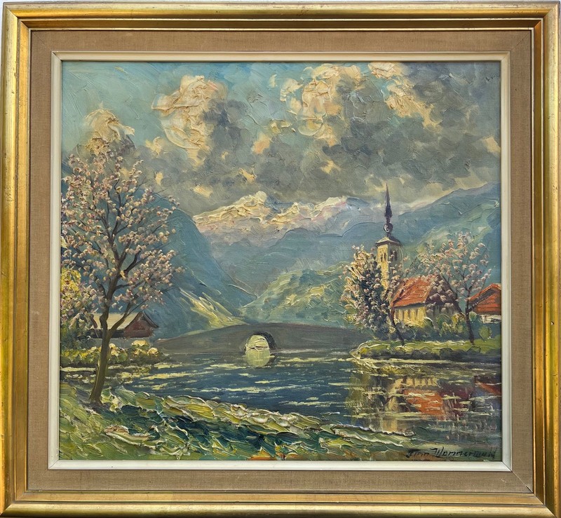 Impressionist Finn Wennerwald Alpine Landscape with Mountain Lake Bridge and Church