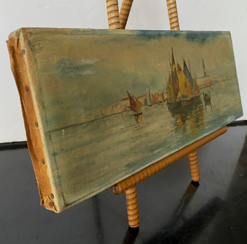Antique OIL Painting 14 x 5 Unframed Moody Grand Canal Venice Gondola unsigned gallery