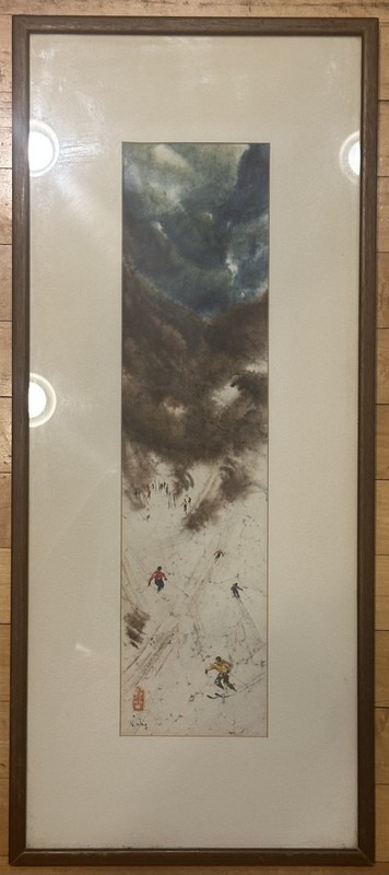Victor Ing ~ Signed Original Watercolor Painting. Mountain Skiers