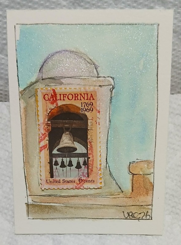 Postal Whimsy ACEO OOAK 6c California Mission Bell Stamp Watercolor Art