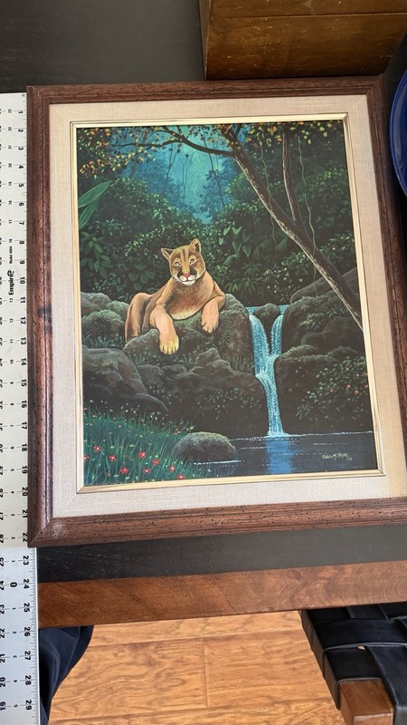 Vintage Fabio M. Rojas (1999) Original Painting- Cougar/Puma by Waterfall Jungle
