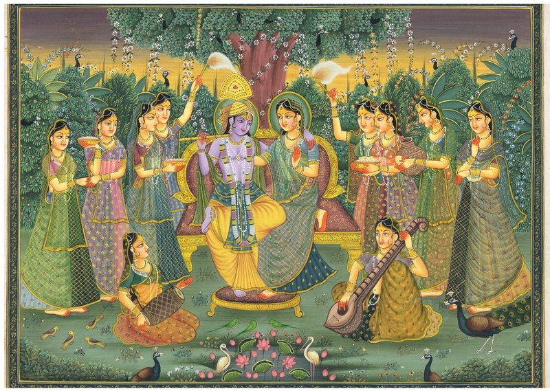 Religious Painting Of Krishna And Radha Love Scene Art On Silk Cloth 17.5×13.5″