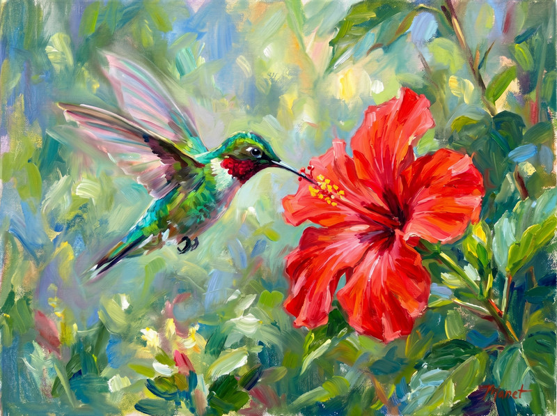Hibiscus Flower and Hummingbird Oil Painting 16×20 Framed Canvas Panel