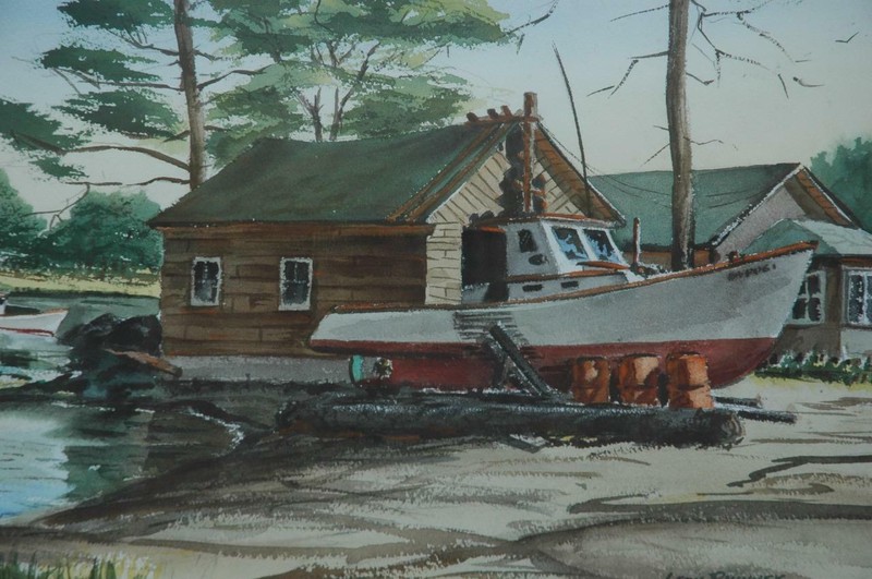 Vintage Watercolor of a New England Boatyard Scene by Listed Artist Leon Phinney