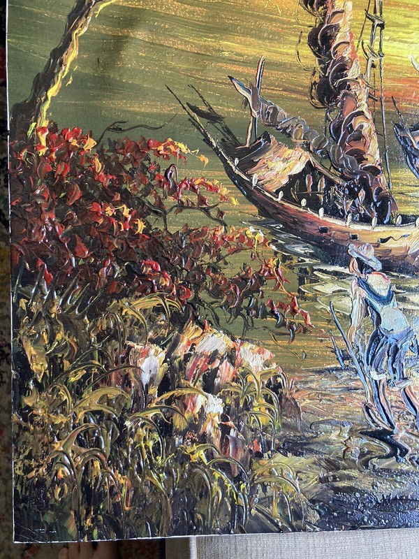 Vintage Abstract Original Oil Painting On Canvas Boat Ships Harbor Artist Signed gallery