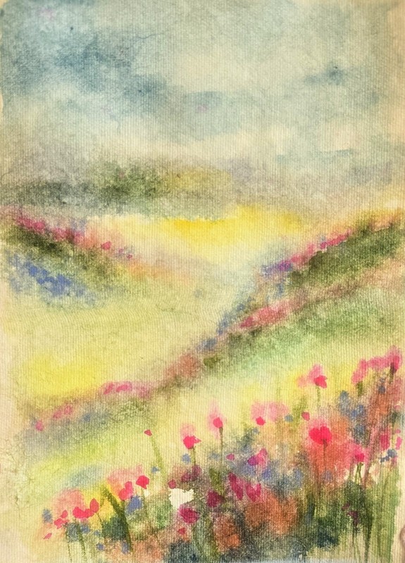Original Signed Watercolor Painting. Landscape. Wildflower meadows. Hills. gallery