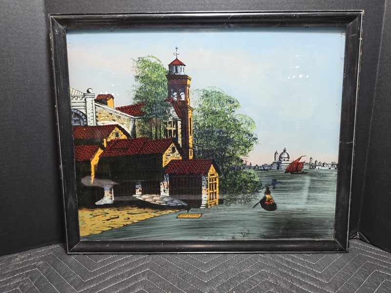 Framed Reverse Glass Painting with Mother of Pearl Inlay